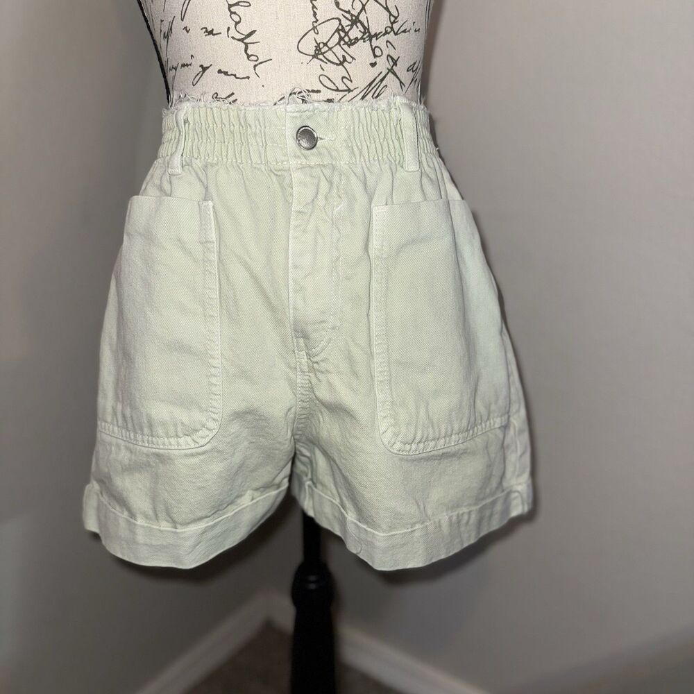 Zara Light Green Cotton Denim Cargo Shorts Women's 2 High Rise Elastic Waist